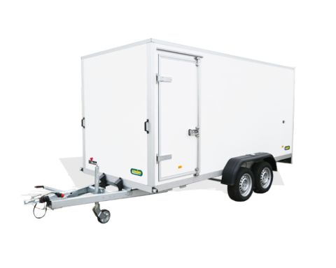 Seitentür in Fahrtrichtung links, vor der Achse positioniert, mit Aluminium-Einfassung, Türdichtung und außenliegendem
Drehstangenverschluss, Durchgangsmaß H x B = 1600 x 750 mm